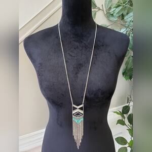 Womens Silver Tone Turquoise Fringe Tassel Pendant Necklace with Lobster Clasp